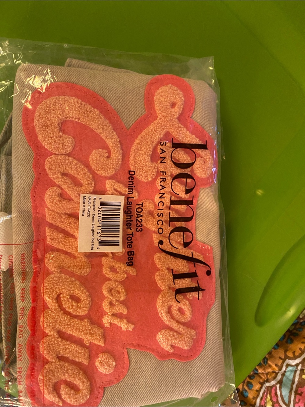 Benefit Denim Tote with Pink Chenille Accent on Cream